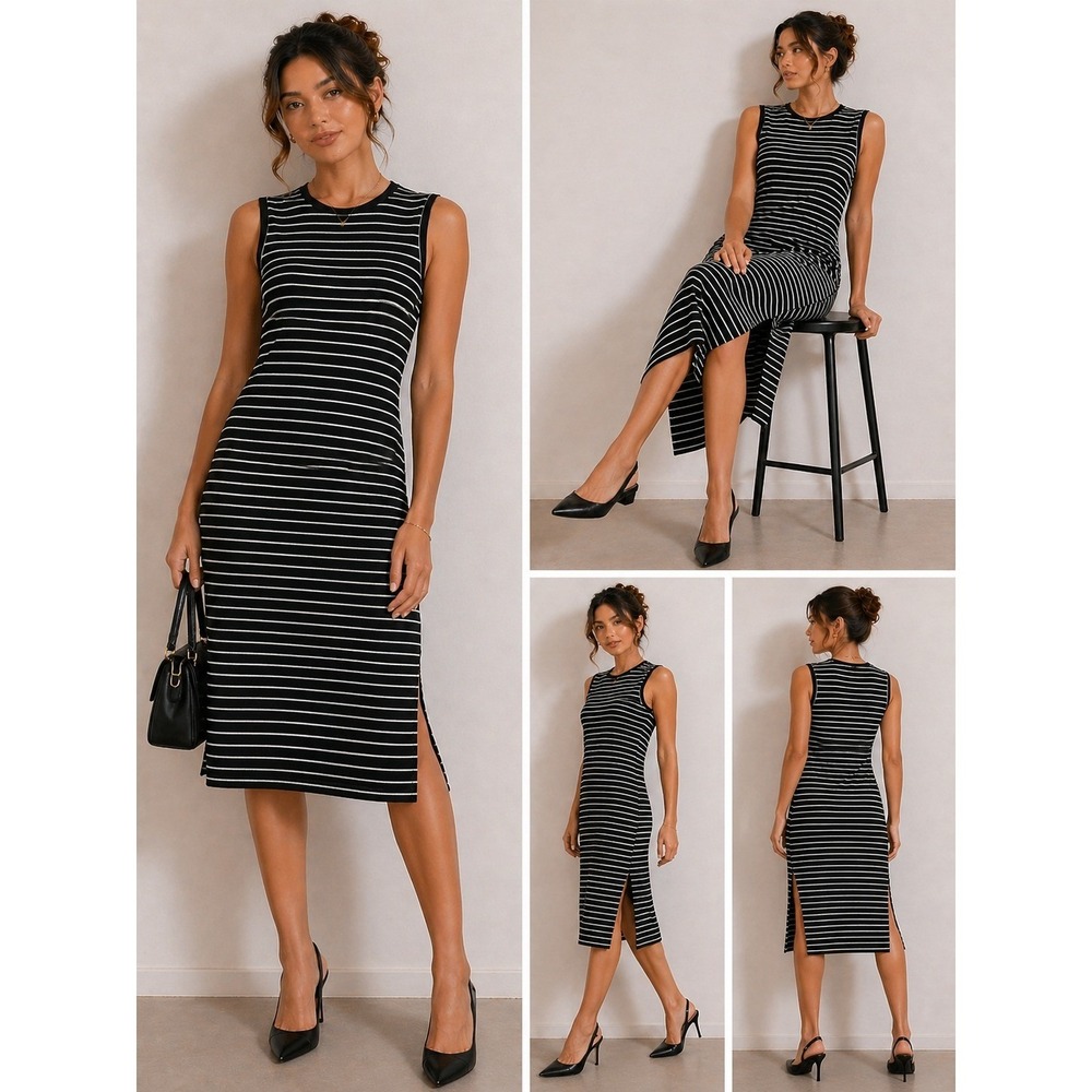 Cynthia Rowley Black White Striped Sleeveless Midi Dress Large L Cotton Rayon